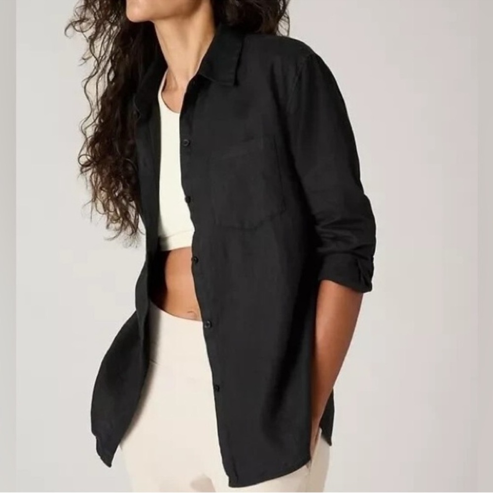 Athleta Retreat Linen Button Down Top Black Size L Style# 850931 100% Linen - Picture 13 of 13